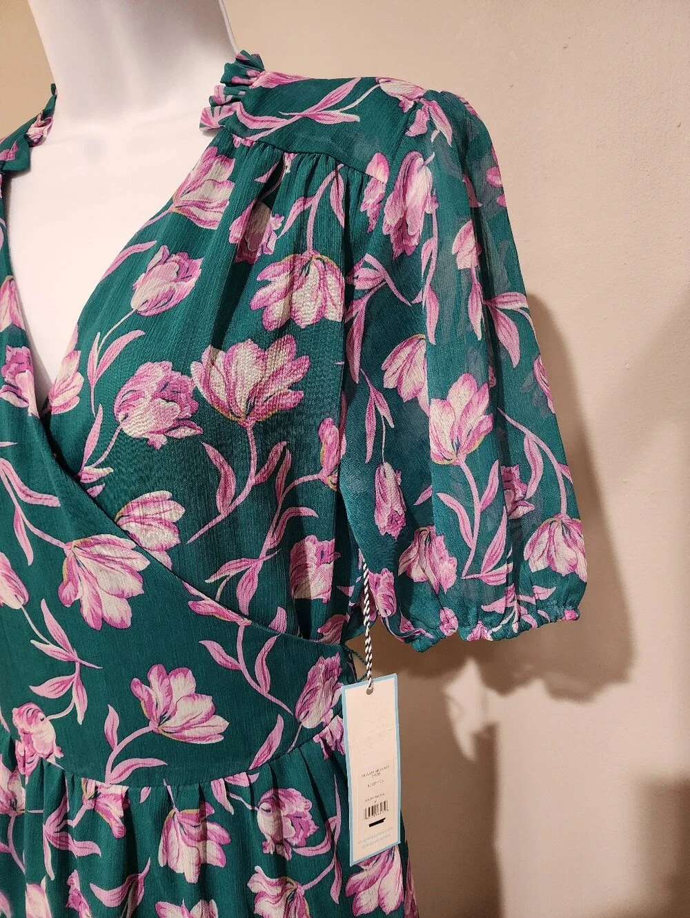 NWT Draper James RSVP Teal Pink Tulip Floral Midi Wrap Dress Size M